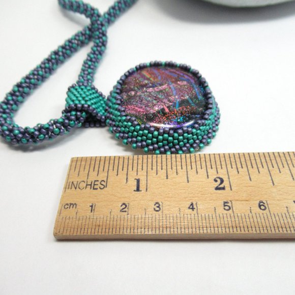 Hand embroidered Dichroic Cabochon necklace - Picture 8 of 13
